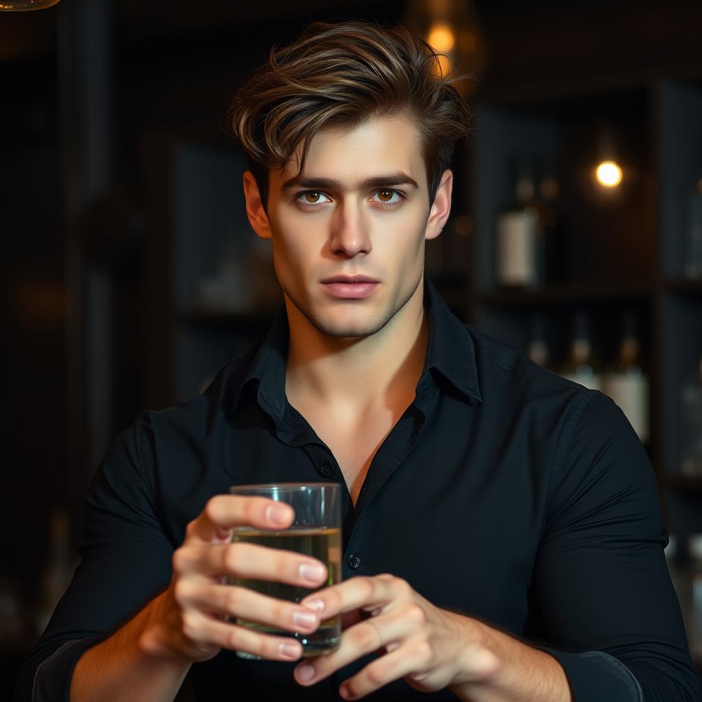 A tall man approximately 185 cm with a muscular build and confident posture, with a handsome face featuring a strong jawline and fair skin