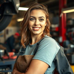A realistic photo of a beautiful woman in her 30s working in an auto repair shop