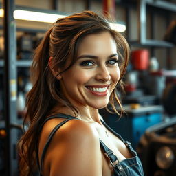 A realistic photo of a beautiful woman in her 30s working in an auto repair shop