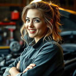 A realistic photo of a beautiful woman in her 30s working in an auto repair shop