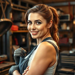 A realistic photo of a beautiful woman in her 30s working in an auto repair shop
