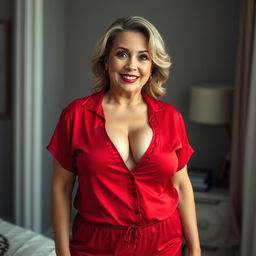 An alluring 50-year-old woman, exuding beauty and confidence, dressed in a sexy red pajama that showcases her ample cleavage and accentuates her voluptuous figure