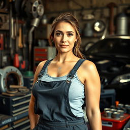 A realistic photo of a beautiful woman in her 30s standing on the right side of an auto repair shop