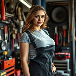 A realistic photo of a beautiful woman in her 30s standing on the right side of an auto repair shop