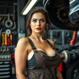 A realistic photo of a beautiful woman in her 30s standing on the right side of an auto repair shop