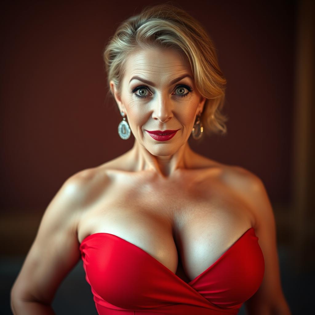 An enticing 50-year-old woman, exuding beauty and sensuality, dressed in a striking red outfit that showcases her ample cleavage and highlights her exceptionally large breasts