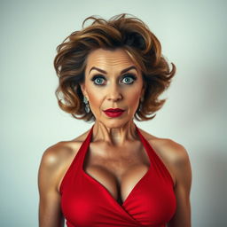 An enticing 50-year-old woman, exuding beauty and sensuality, dressed in a striking red outfit that showcases her ample cleavage and highlights her exceptionally large breasts