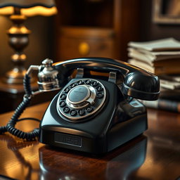 A detailed close-up of a vintage rotary phone, featuring a shiny black body with a gleaming chrome dial and a classic rotary mechanism