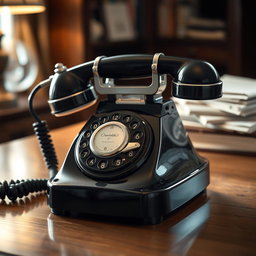 A detailed close-up of a vintage rotary phone, featuring a shiny black body with a gleaming chrome dial and a classic rotary mechanism