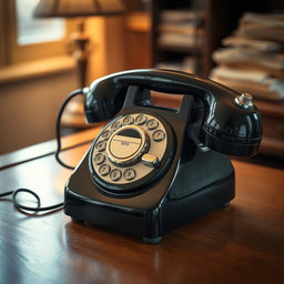 A detailed close-up of a vintage rotary phone, featuring a shiny black body with a gleaming chrome dial and a classic rotary mechanism