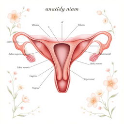 A beautifully detailed anatomical illustration of a vagina, showcasing its structure and surrounding anatomy