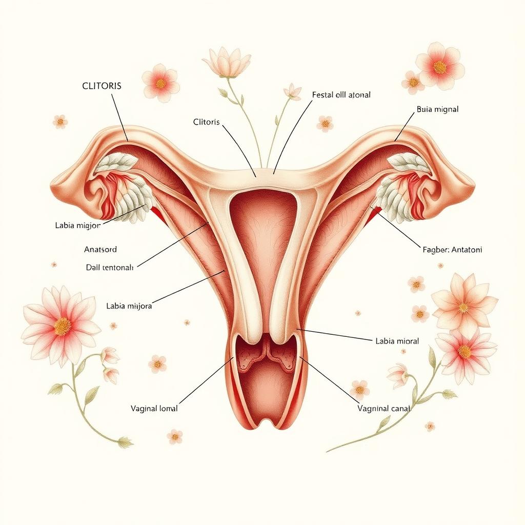 A beautifully detailed anatomical illustration of a vagina, showcasing its structure and surrounding anatomy
