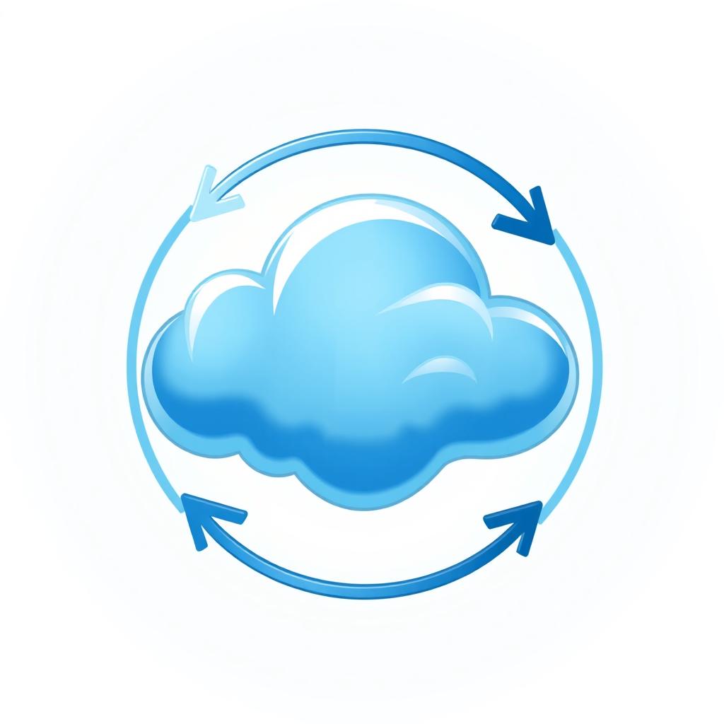 A stylized symbol representing cloud computing, featuring a fluffy, cartoonish blue cloud with elegant, curved arrows gracefully circling around it to symbolize data transfer and connectivity