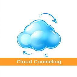 A stylized symbol representing cloud computing, featuring a fluffy, cartoonish blue cloud with elegant, curved arrows gracefully circling around it to symbolize data transfer and connectivity
