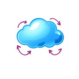A stylized symbol representing cloud computing, featuring a fluffy, cartoonish blue cloud with elegant, curved arrows gracefully circling around it to symbolize data transfer and connectivity