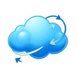 A stylized symbol representing cloud computing, featuring a fluffy, cartoonish blue cloud with elegant, curved arrows gracefully circling around it to symbolize data transfer and connectivity