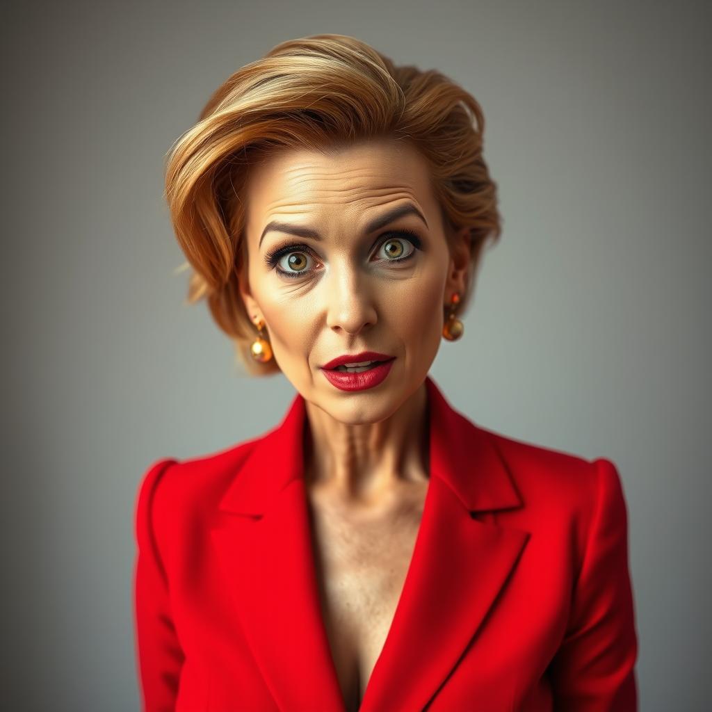 A beautiful 50-year-old woman, elegantly dressed in a striking red outfit, stands confidently facing the camera