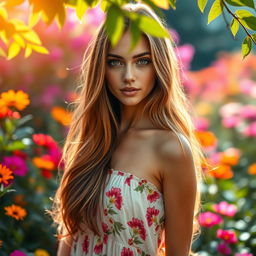 A stunning portrait of a woman with striking features and captivating eyes, standing in a vibrant garden, surrounded by colorful flowers