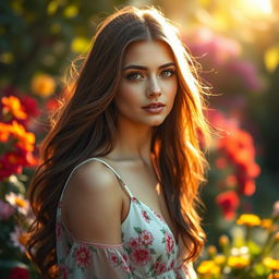 A stunning portrait of a woman with striking features and captivating eyes, standing in a vibrant garden, surrounded by colorful flowers