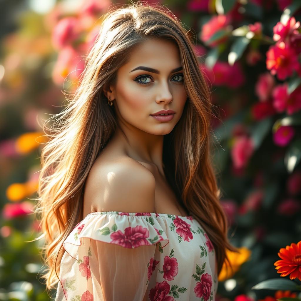 A stunning portrait of a woman with striking features and captivating eyes, standing in a vibrant garden, surrounded by colorful flowers