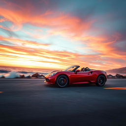 A sleek, modern sports car driving along a coastal highway at sunset, the sky painted with vibrant hues of orange, pink, and purple