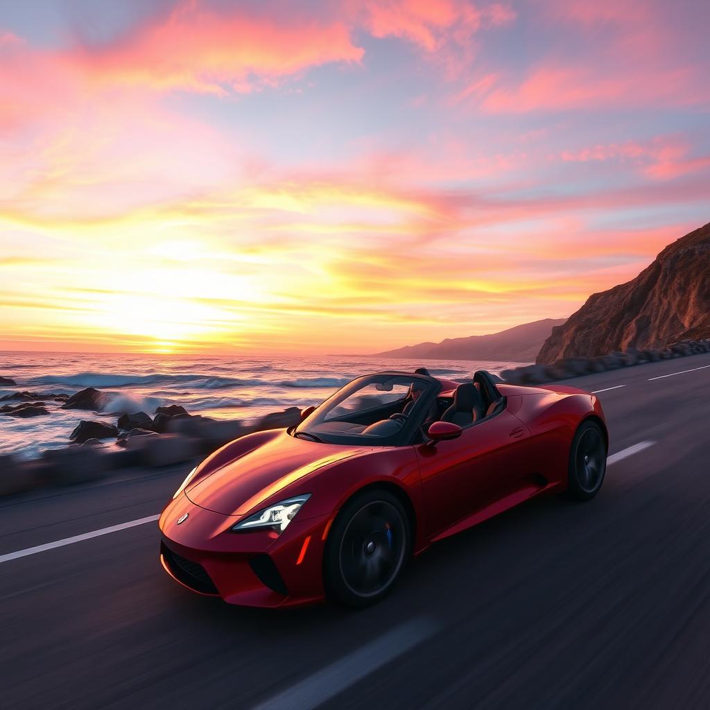 A sleek, modern sports car driving along a coastal highway at sunset, the sky painted with vibrant hues of orange, pink, and purple