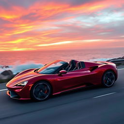 A sleek, modern sports car driving along a coastal highway at sunset, the sky painted with vibrant hues of orange, pink, and purple