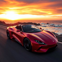 A sleek, modern sports car driving along a coastal highway at sunset, the sky painted with vibrant hues of orange, pink, and purple