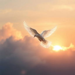A serene and peaceful scene featuring a beautiful white dove in flight, symbolizing love and remembrance