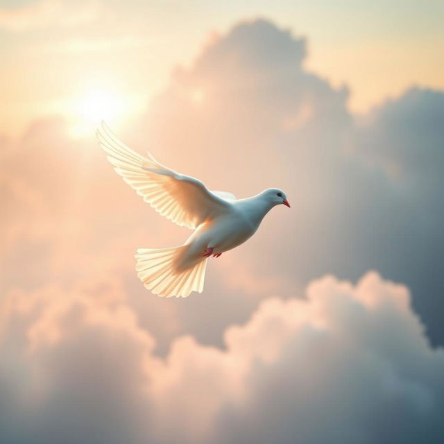 A serene and peaceful scene featuring a beautiful white dove in flight, symbolizing love and remembrance