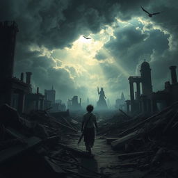 A surreal depiction of a desolate landscape after an apocalyptic event, featuring a shadowy figure in tattered clothing walking amidst the ruins of a once-vibrant city
