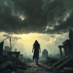 A surreal depiction of a desolate landscape after an apocalyptic event, featuring a shadowy figure in tattered clothing walking amidst the ruins of a once-vibrant city