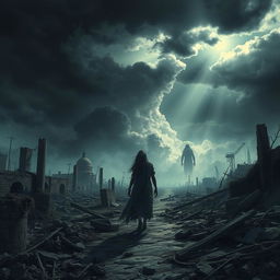 A surreal depiction of a desolate landscape after an apocalyptic event, featuring a shadowy figure in tattered clothing walking amidst the ruins of a once-vibrant city