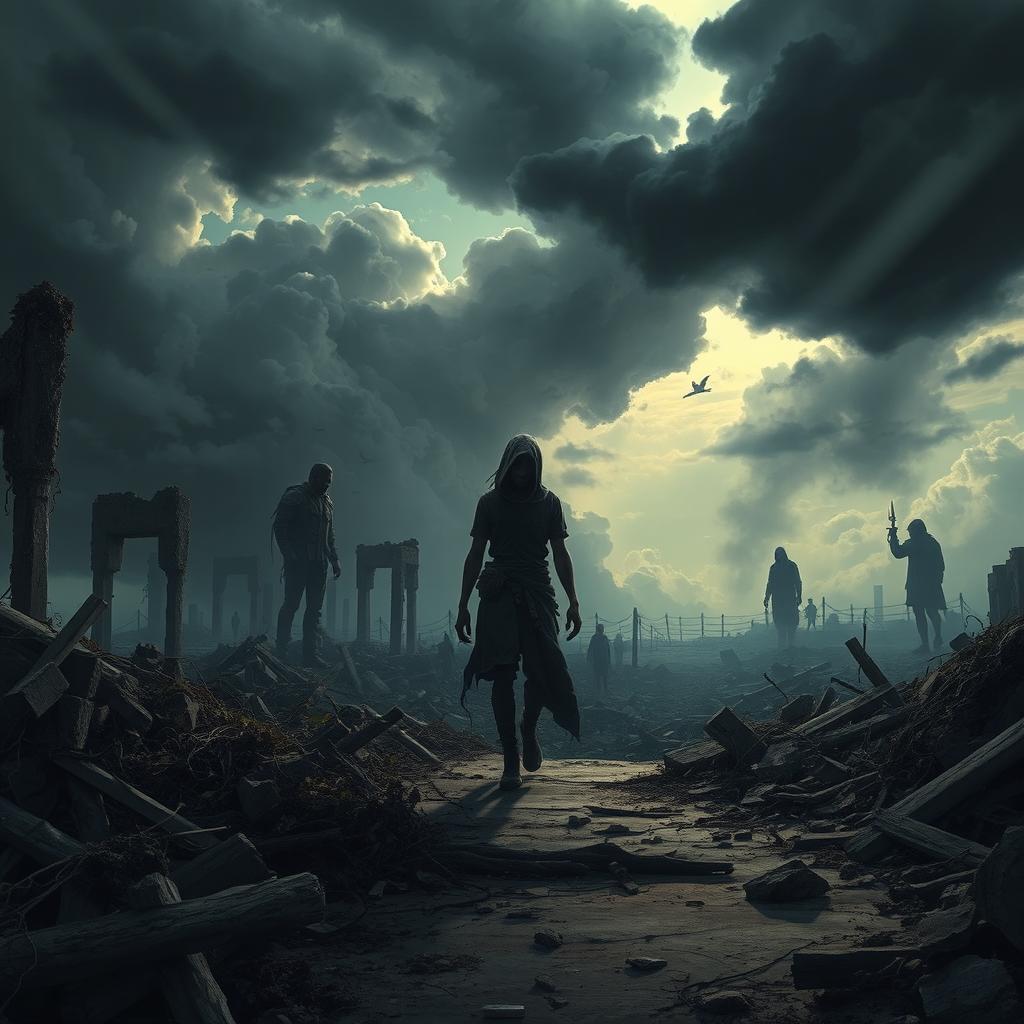 A surreal depiction of a desolate landscape after an apocalyptic event, featuring a shadowy figure in tattered clothing walking amidst the ruins of a once-vibrant city