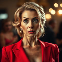 A beautiful 50-year-old woman, dressed elegantly in a striking red outfit, stands facing the camera