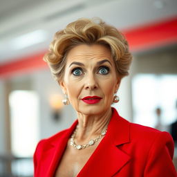 A beautiful 50-year-old woman, elegantly dressed in a striking red outfit, stands facing the camera