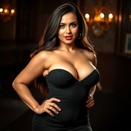A sexy, confident woman with voluptuous curves, prominently featuring large breasts, posing elegantly against a sultry backdrop
