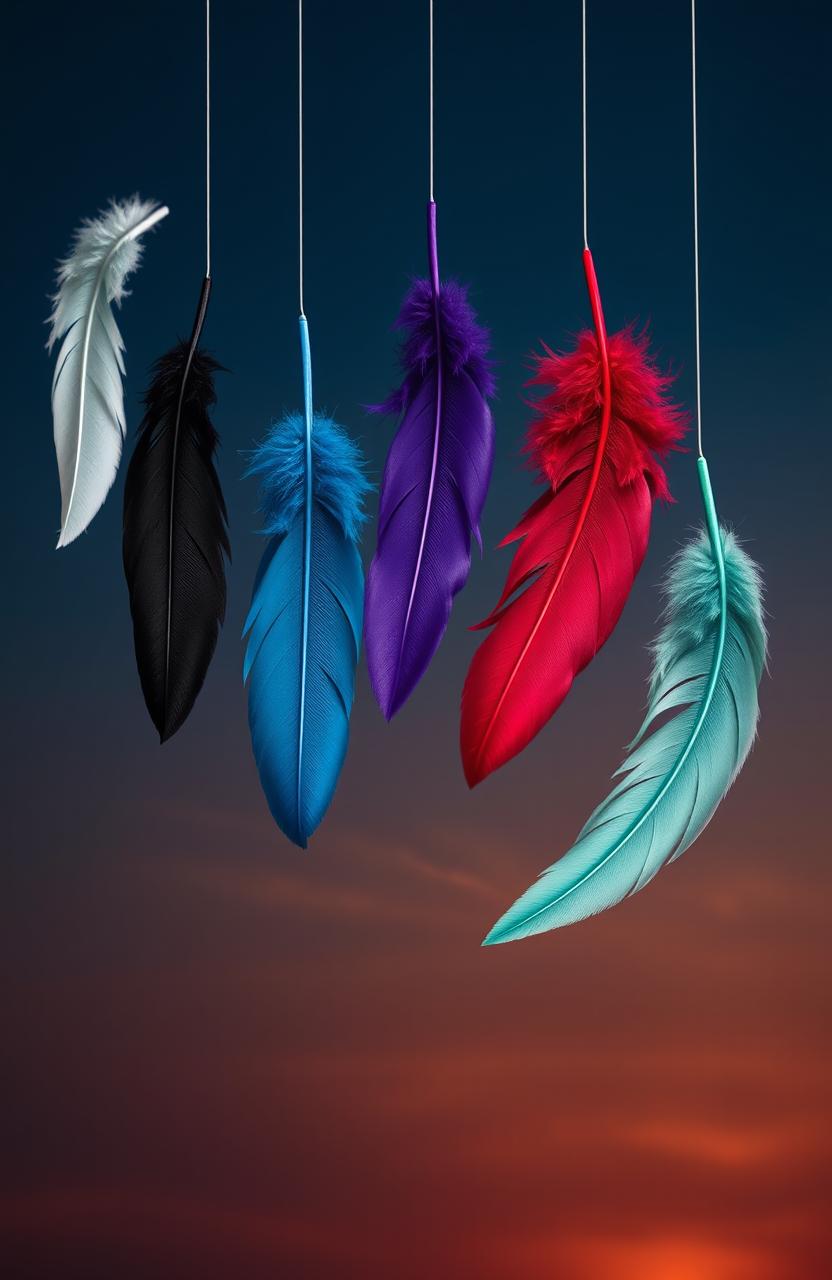 Six feathers falling from the sky, each in a different color: white, black, violet/purple, blue, red, and mint green