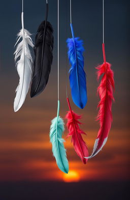 Six feathers falling from the sky, each in a different color: white, black, violet/purple, blue, red, and mint green