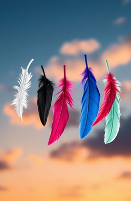 Six feathers falling from the sky, each in a different color: white, black, violet/purple, blue, red, and mint green