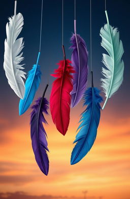 Six feathers falling from the sky, each in a different color: white, black, violet/purple, blue, red, and mint green