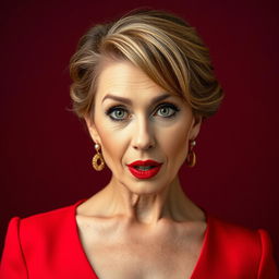 A gorgeous 50-year-old woman, dressed in a stunning red outfit, stands facing the camera directly