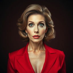 A gorgeous 50-year-old woman, dressed in a stunning red outfit, stands facing the camera directly