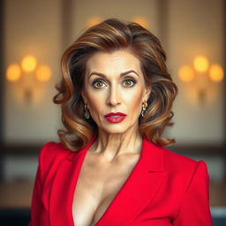 A gorgeous 50-year-old woman, dressed in a stunning red outfit, stands facing the camera directly