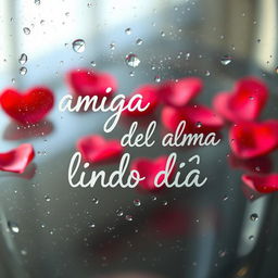 A close-up view of a wet glass surface with the words "amiga del alma lindo día" elegantly written in a soft, flowing script