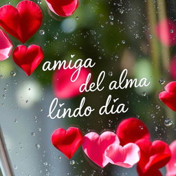 A close-up view of a wet glass surface with the words "amiga del alma lindo día" elegantly written in a soft, flowing script