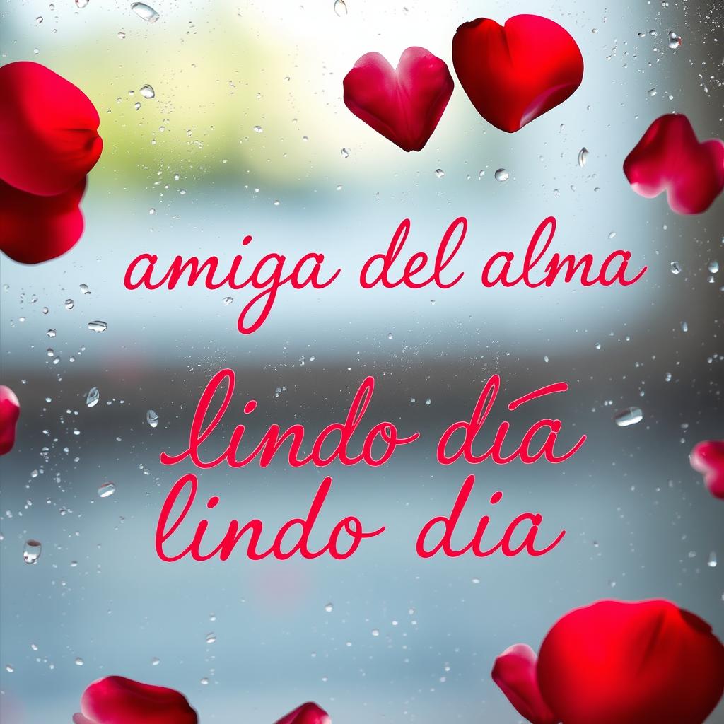A close-up view of a wet glass surface with the words "amiga del alma lindo día" elegantly written in a soft, flowing script