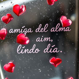 A close-up view of a wet glass surface with the words "amiga del alma lindo día" elegantly written in a soft, flowing script