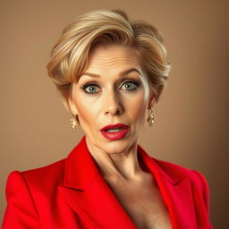 A stunning 50-year-old woman, dressed in a vibrant red outfit, stands directly facing the camera