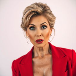 A stunning 50-year-old woman, dressed in a vibrant red outfit, stands directly facing the camera